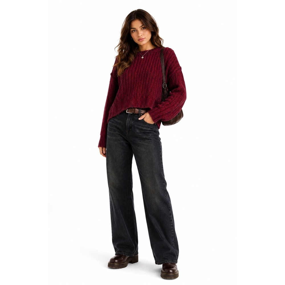American Eagle Burgundy Chunky Knit Cropped Crewneck Sweater Medium Maroon
